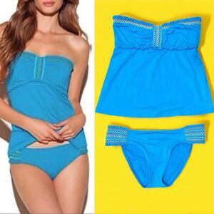 Lucky Brand Womens 2 Piece Bandeau Blue Small /med Babydoll Y2K Swimsuit Ruffle
